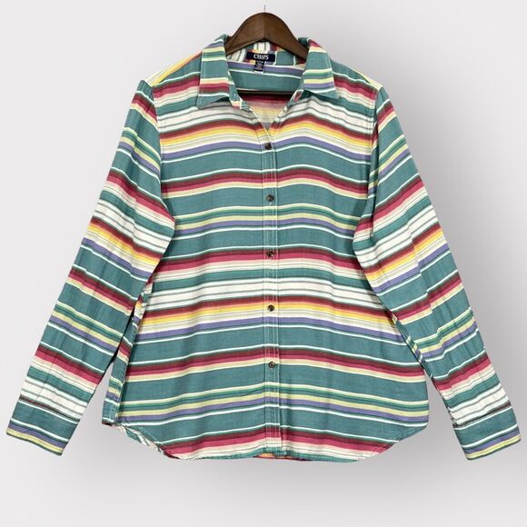 Chaps Button Up Top Women XL Multicolor Striped Cotton Thick Long Sleeve AA84 - Picture 1 of 10